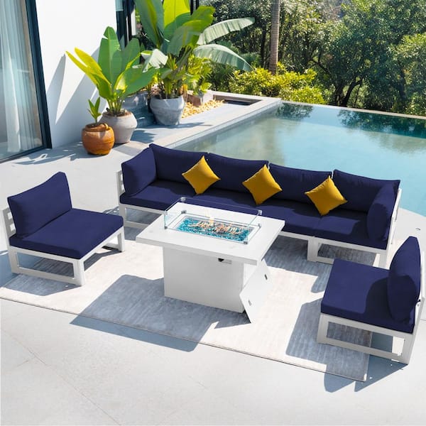 Unbranded 7-Piece White Aluminum Outdoor Conversation Set Deep Seating Patio Furniture with Fire Pit Table and Navy Blue Cushions