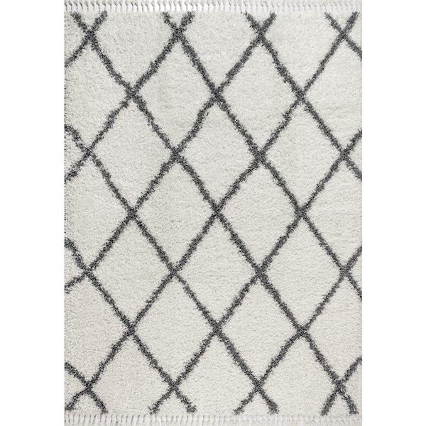 Mercer Shag Plush Tassel Moroccan Geometric Trellis Cream/Grey 3 ft. x 5 ft. Area Rug