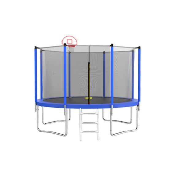 Unbranded 12 ft. Outdoor Recreational Trampoline with Basketball Hoop Enclosure Net and Ladder for Kids and Adults, Garden, Blue