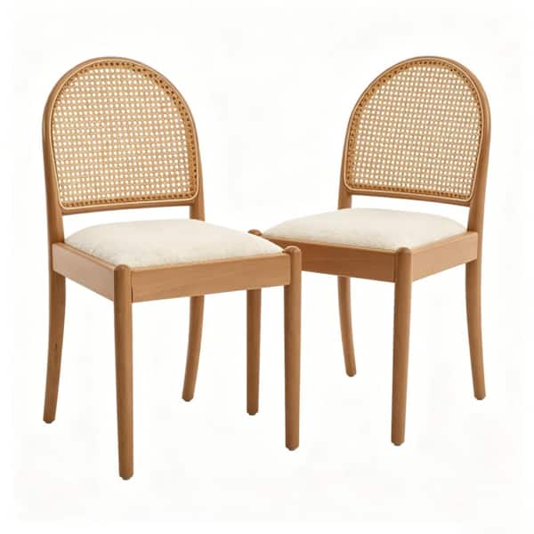 2Pcs Rattan Upholstered Dining Chairs,Linen Dining Room Chairs with Backrests,Kitchen Chairs with Wood Legs in Beige