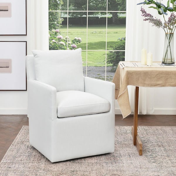 Ivory Performance Fabric Upholstered Down Cushion Rolling Dining Armchair