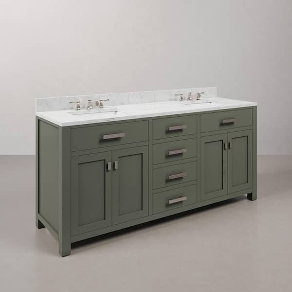 Madison 72 in.W x 21.5 in.D x 34 in.H Double Sink Bath Vanity in Glacial Green with Carrara White Marble Top and Faucets