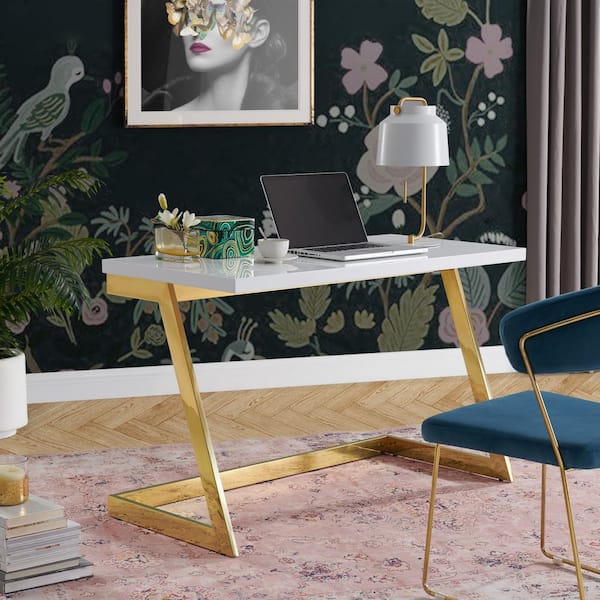 Inspired Home Oline White/Gold Writing Desk High Gloss Lacquer Finish Top