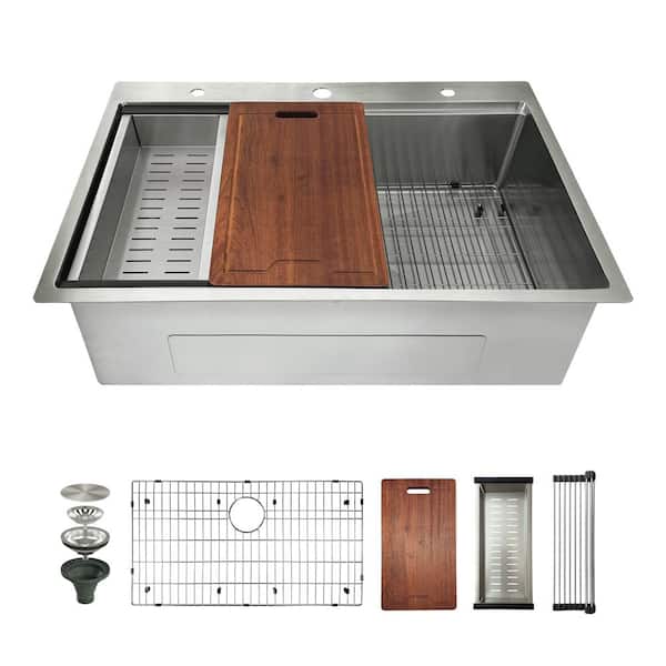 33 in. Drop-in 3-Hole Single Bowl 16-Gauge Brushed Stainless Steel Ledge Workstation Kitchen Sink with Accessories