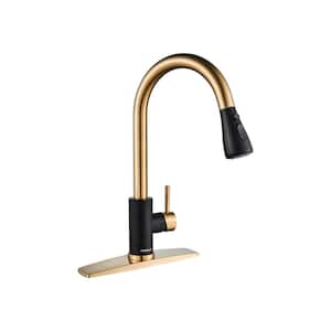 Single-Handle Kitchen Faucet with Pull Down Sprayer High-Arc Kitchen Sink Faucet with Deck Plate in Black-Brushed Gold