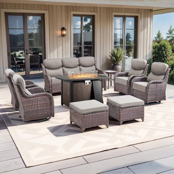 MoonLuxe Brown Wicker Fire Pit Conversation Set with Gray Olefin 6 In. Thick Cushions Patio Swivel Chairs (9-Piece)