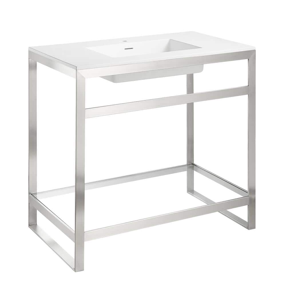 Orchard 36 in. Console Sink in Brushed Nickel with Glossy White Countertop