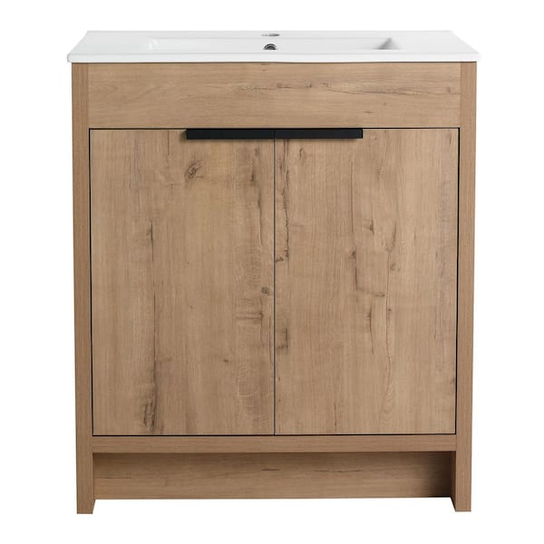 30 in. W x 18.30 in. D x 34.3 in. H Freestanding Bath Vanity Cabinet in Imitative Oak with White Ceramic Top