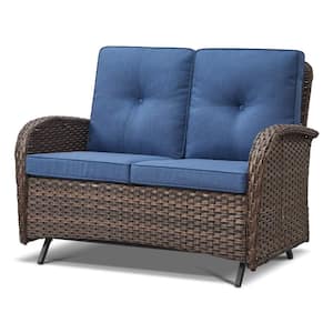 2-Person Wicker Patio Outdoor Glider with CushionGuard Blue Cushions