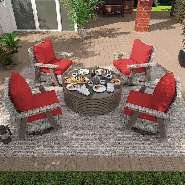 INMITOM Wicker Swivel Outdoor Rocking Chair Lounge Chair with Ergonomic Armrests and Thick Fade-Resistant Red Cushions (4-pac