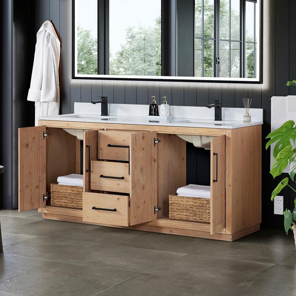 Cicero 72" Light Brown Fir Wood Bathroom Vanity with White Stone Countertop