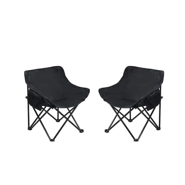 2-Piece Black Metal Folding Lawn Chair, Portable Outdoor Camping Chair with Side Pocket and Carry Bag