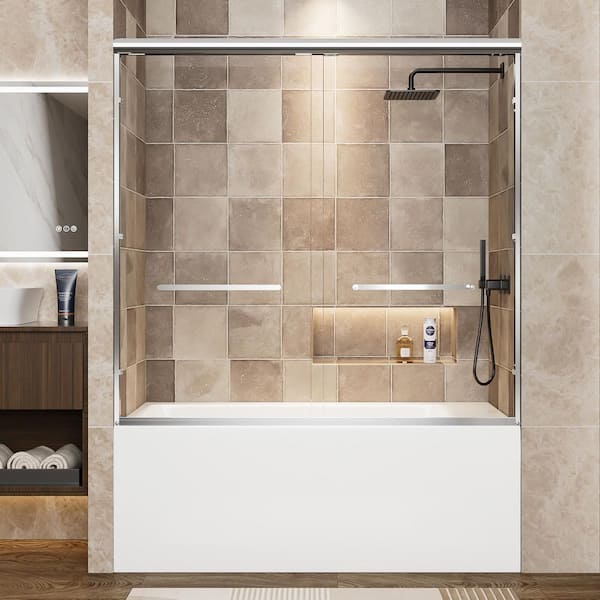Vitrina 60 in. W x 57 in. H Double Sliding Tub Door in Chrome Finish with Clear Glass and Explosion-Proof Film