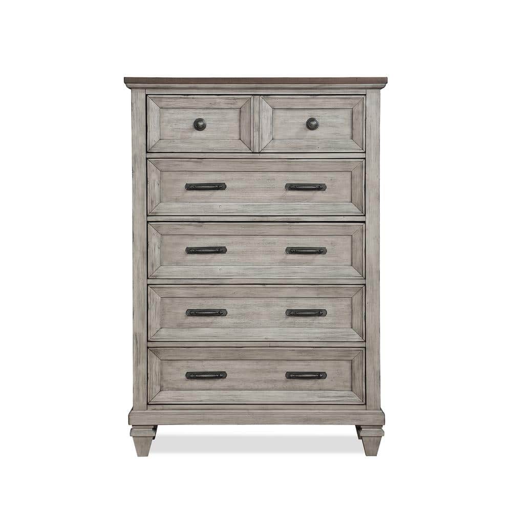 Vintage Creme Acacia Wood 5-Drawer Chest with Walnut Top