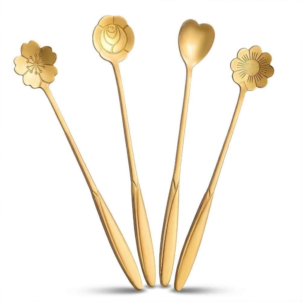 4-Piece Floral Design Gold Stainless Steel Drink Stirring Teaspoon Set 7.24 in. Specialty Flatware