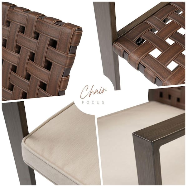 3-Piece Metal Bar Height Outdoor Bistro Set Conversation Set Wood Grain Texture Table with Cushion and Umbrella Hole