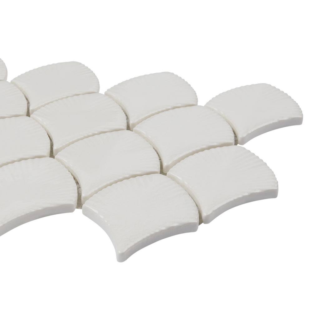 Blanco White Glossy Glass Fishscale Mosaic Wall Tile Sheet