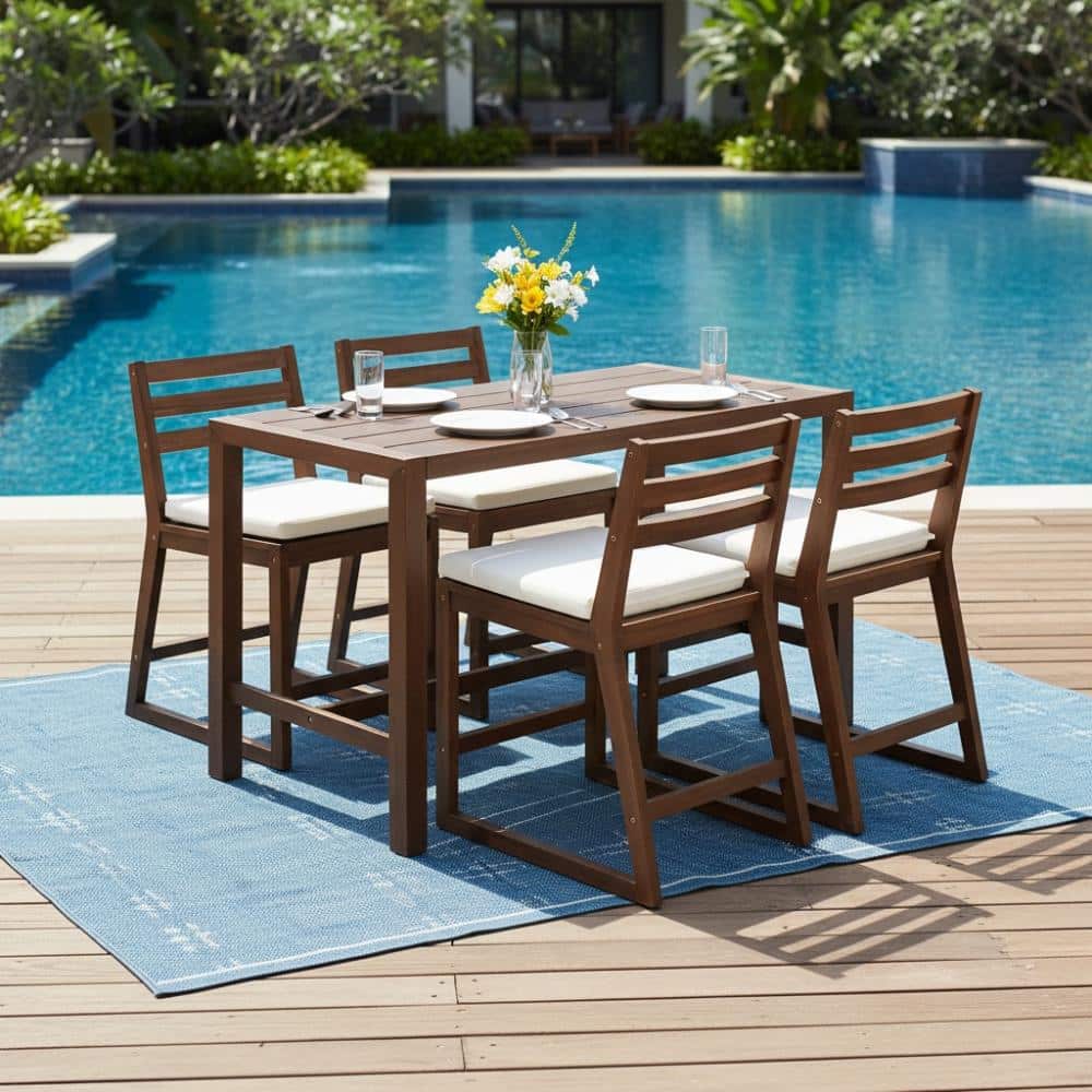 5-Piece Brown Acacia Wood Outdoor Bar Set with Ergonomic Chairs for Poolside, Balcony, Backyard price history on PriceWatchPro