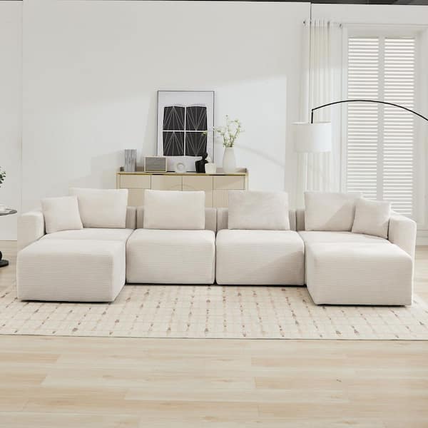 143.7 in. Width Square Arm Corduroy Fabric U-Shaped Sectional Sofa with 2-Ottomans for Living Room in Beige
