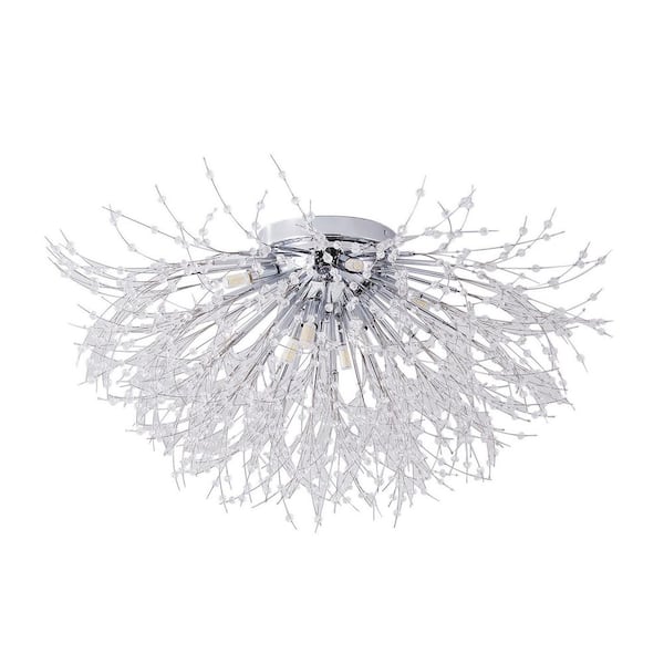 OUKANING 27.6 in. 8-Light Silver Flush Mount Modern Firework Shaped Crystal Ceiling Light