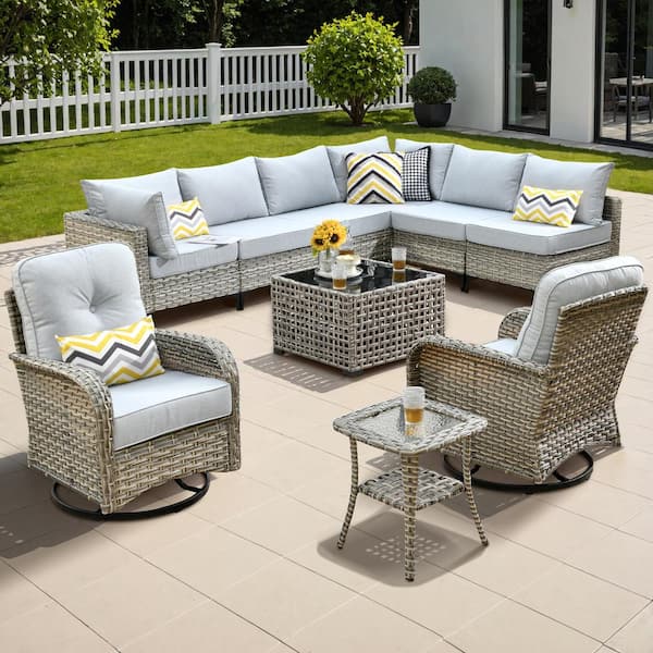OVIOS Vinceny Gray 10-Piece Wicker Patio Conversation Set with Gray Cushions and Swivel Chairs