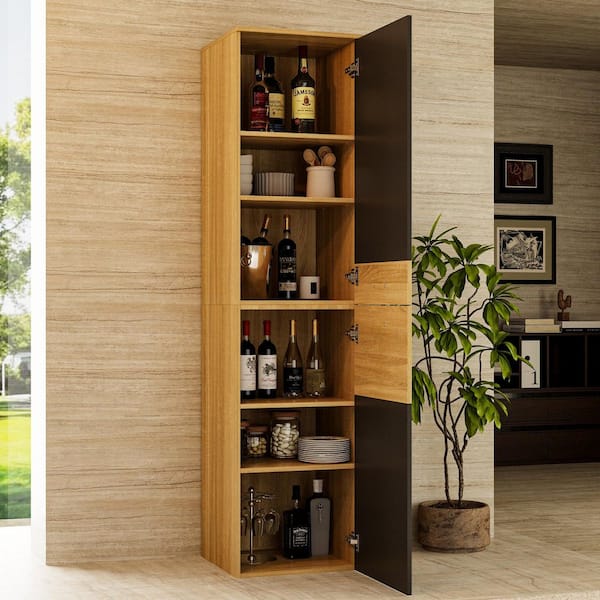 2-Tone Oak and Black 70.8 in. Accent Cabinet Office Storage Cabinet with 6 Shelves