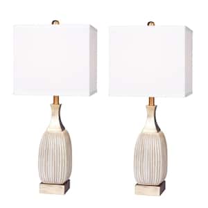 26.5 in. Vertically Ribbed Aged White Ceramic and Antique Brass Table Lamp (2-Pack)