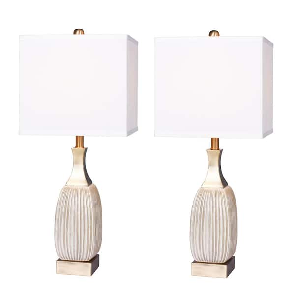 Fangio Lighting 26.5 in. Vertically Ribbed Aged White Ceramic and Antique Brass Table Lamp (2-Pack)