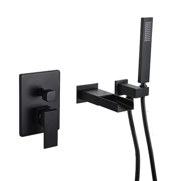 WELLFOR Single-Handle Wall Mount Roman Tub Faucet with Hand Shower in Matte Black (Valve Included)