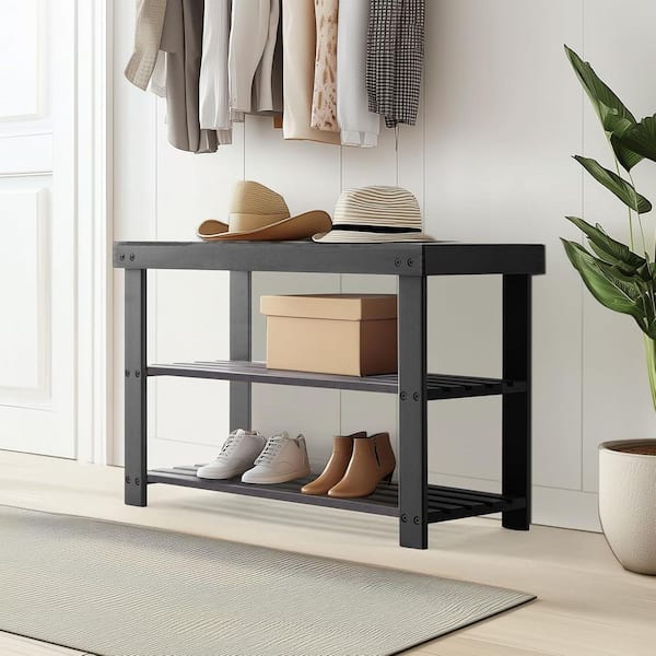 WONDER COMFORT Black Entryway 3-Tier Bamboo Bench Shoe Rack Storage Organizer 27.6 in. W, 286 lbs. Capacity