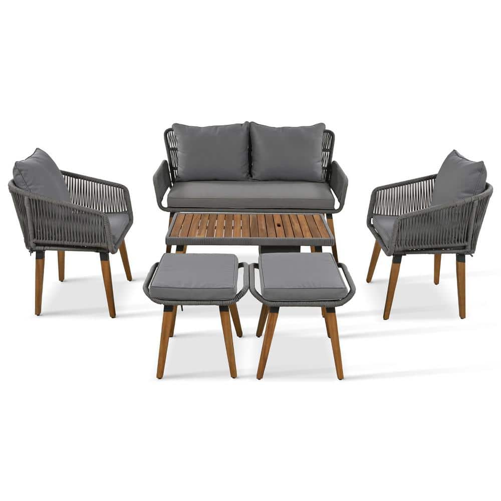 6-Piece PP Rope Woven Patio Conversation Deep Set with Cushions, Acacia Wood Table w/Ice Bucket, 2-Stools -Gray price history on PriceWatchPro