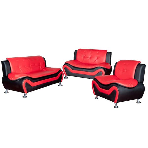 Black Leather Three Piece Sofa Set, Red And Black Leather Living Room Set