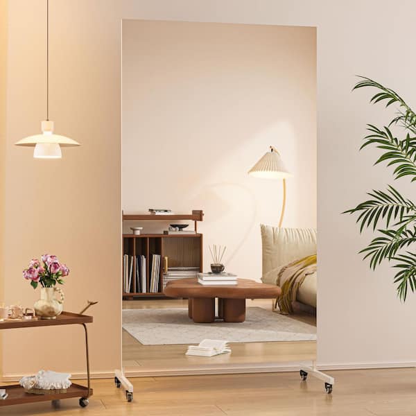 White 40 in. W x 67 in. H Rectangle Full Length Mirror on Wheels Home Gym Mirror 360° Swivel for Yoga Studio, Bedroom