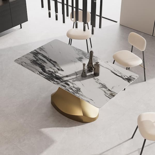 Lesly Modern Rectangle Jade White Patek Philippe Stone Tabletop 55.12in Titanium Stainless Steel Pedestal Dining Table(4Seats)