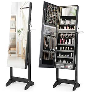 Black Wood 16 in. W Standing Jewelry Armoire Cabinet Full Length Mirror Lockable w/3-Color LED Lights