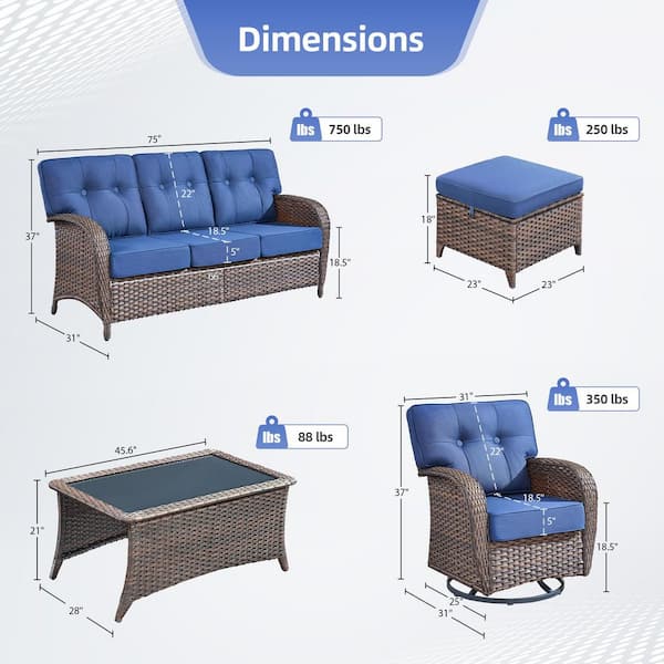T-Frame 6-Piece Brown Wicker Patio Conversation Set with 5 in. Navy Blue Cushions Patio Swivel Chair for Balcony
