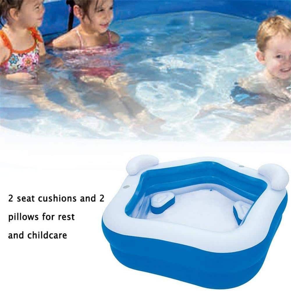 Blue and White Rectangular Inflatable Pool with Headrest and Cup Holder