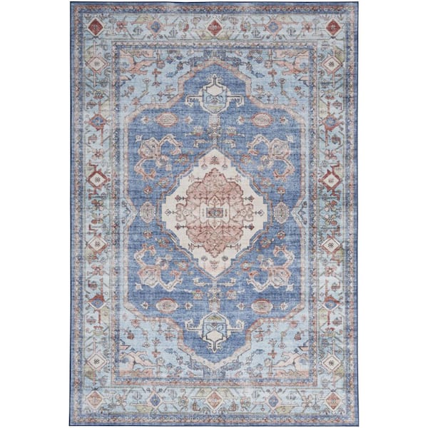 8 ft. x 10 ft. Ivory Red and Blue Floral Distressed Non Skid Area Rug