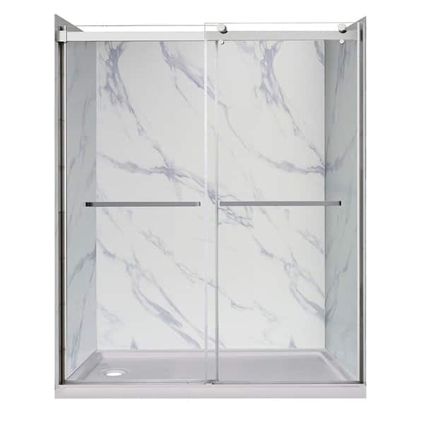 CRAFT + MAIN Lagoon 60 in. x 76 in. Left Drain Alcove Shower Kit in Carrara White and Silver Hardware