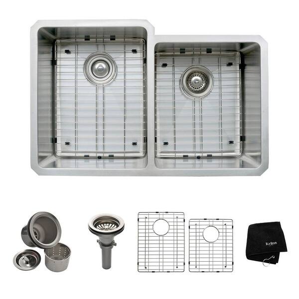 KRAUS All-in-One Undermount Stainless Steel 32 in. 50/50 Double Bowl Kitchen Sink
