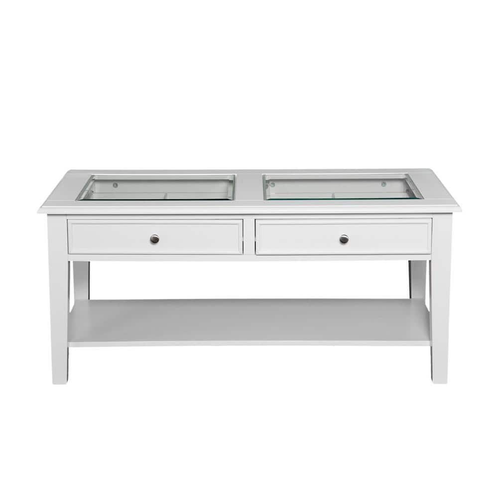 Panorama 44 in. White Large Rectangle Glass Coffee Table with Drawers