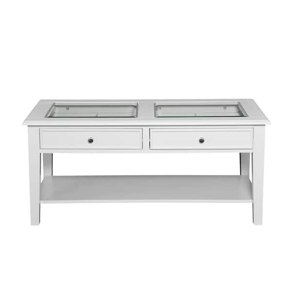 Unbranded Panorama 44 in. White Large Rectangle Glass Coffee Table with Drawers