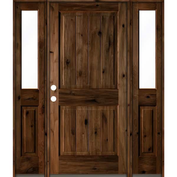 70 in. x 80 in. Knotty Alder Square Top Right-Hand/Inswing Clear Glass Provincial Stain Wood Prehung Front Door w/DHSL