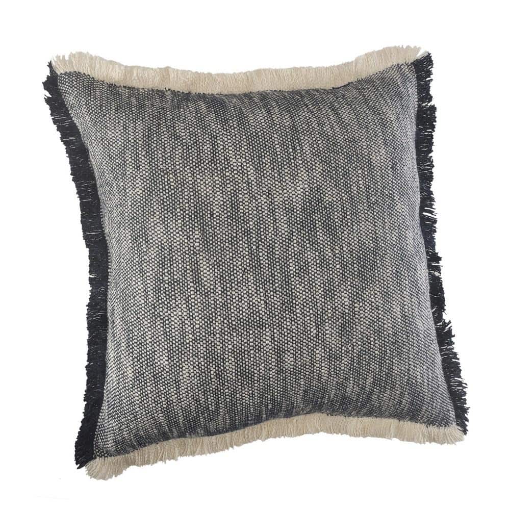 Dark Blue and White Cotton Fringe Throw Pillow, 20" Square