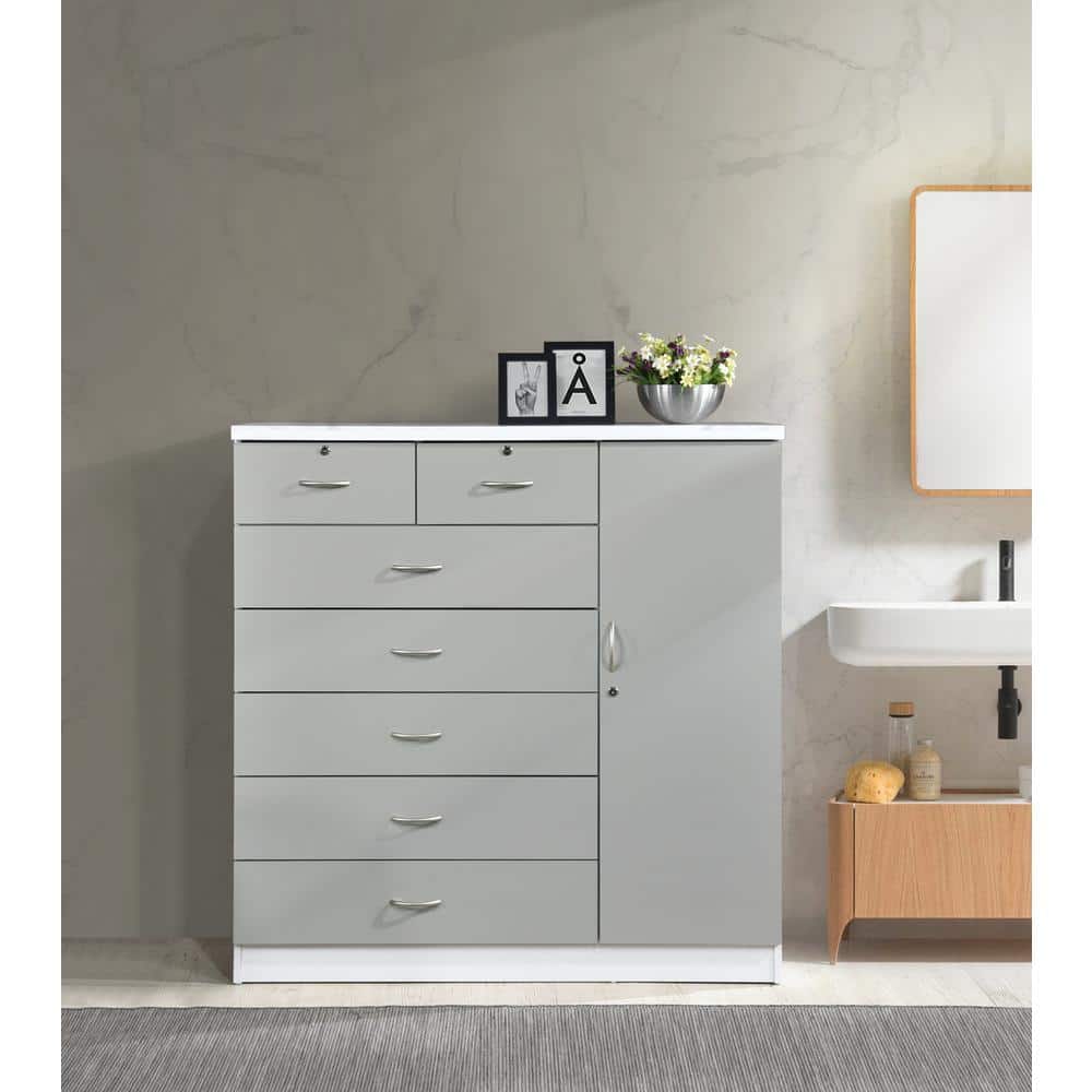 HODEDAH Grey 7-Drawer with Locks on 2-Top Drawers plus 1-Door with