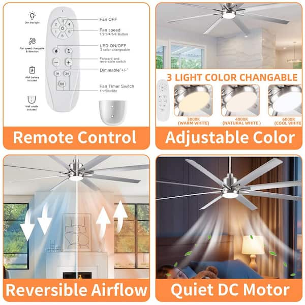 72 in. Brushed Nickel Smart Ceiling Fan with Silver Blades with Integrated LED Light Included with Remote,Downrod Mount