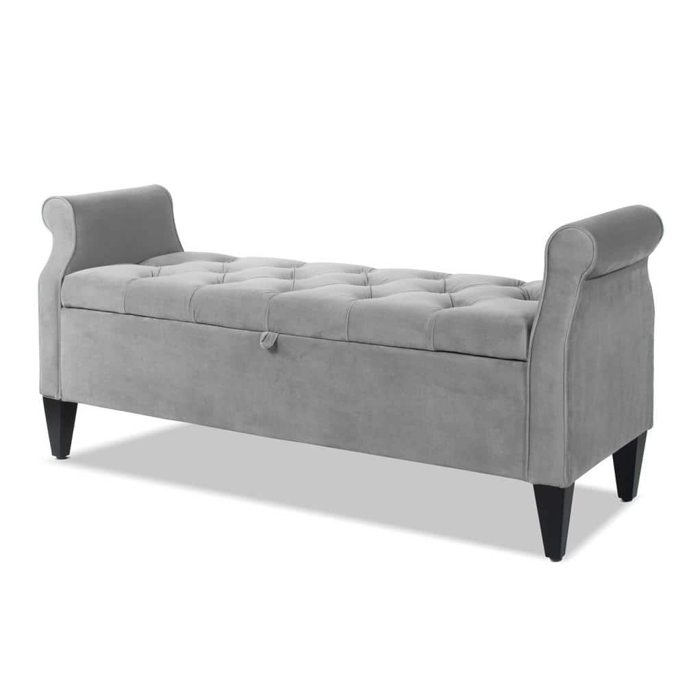 Jacqueline Opal Grey Velvet Tufted Roll Arm Storage Bench