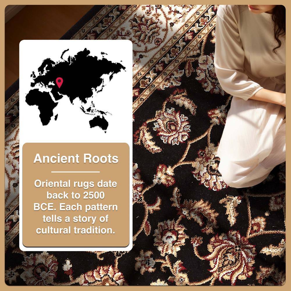 Black and Beige Rectangular Oriental Synthetic Area Rug