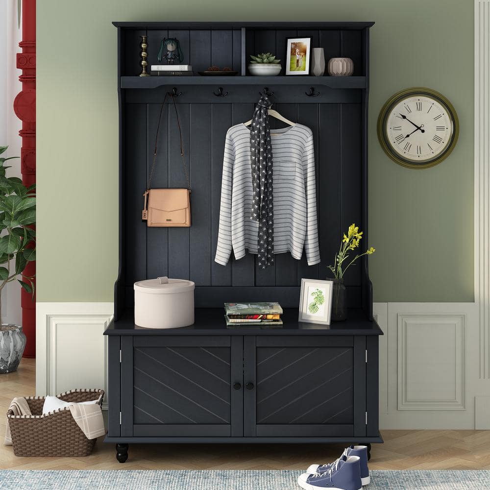 Asucoora Ingrid Black 40 in. W x 65 in. H Hall Tree with Bench and Shoe ...