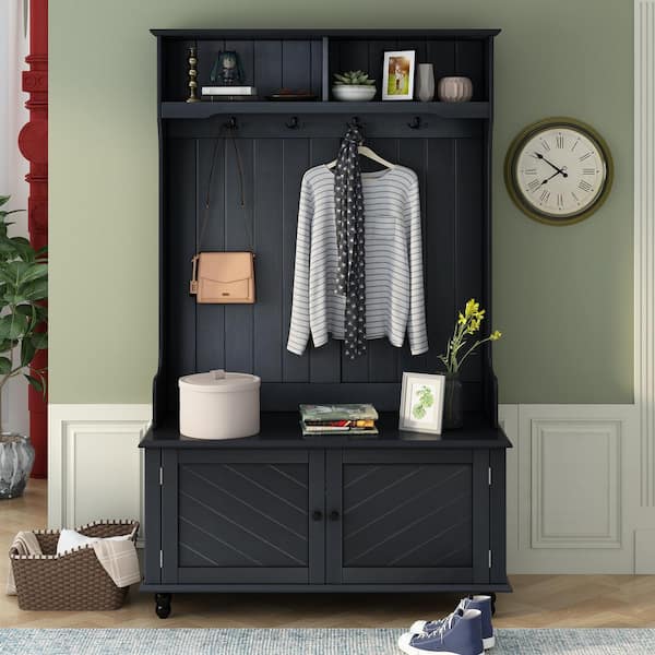 Asucoora Ingrid Black 40 in. W x 65 in. H Hall Tree with Bench and Shoe Storage